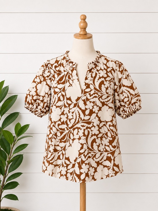 Sugarlips Tops - Sugarlips Floral Puff Sleeve 100% Cotton Split Neck Top - Brown & Cream